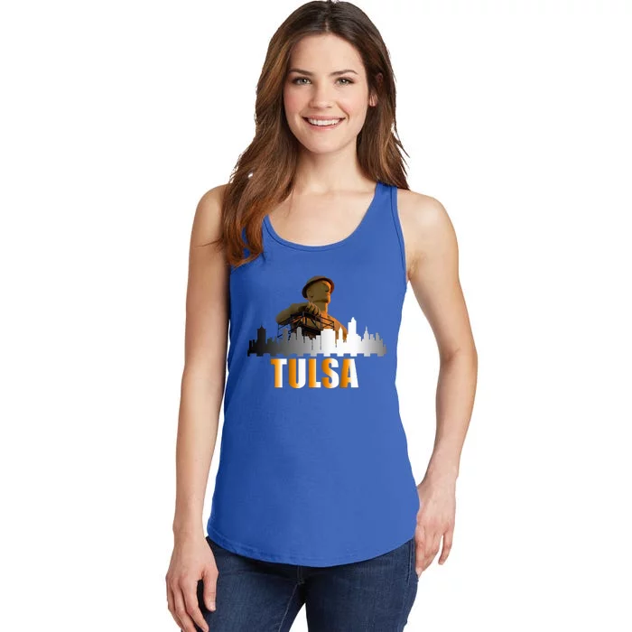 The Golden Driller Of Tulsa Oklahoma And The Tulsa Skyline Ladies Essential Tank