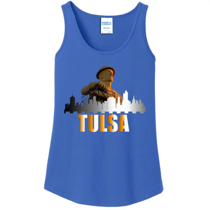 The Golden Driller Of Tulsa Oklahoma And The Tulsa Skyline Ladies Essential Tank