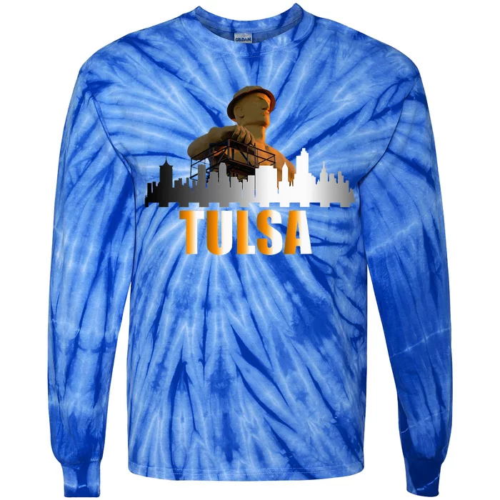 The Golden Driller Of Tulsa Oklahoma And The Tulsa Skyline Tie-Dye Long Sleeve Shirt