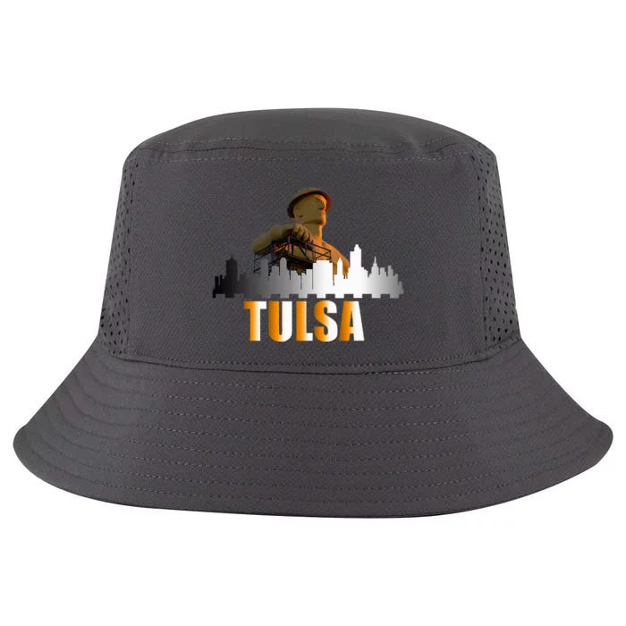 The Golden Driller Of Tulsa Oklahoma And The Tulsa Skyline Cool Comfort Performance Bucket Hat