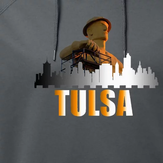 The Golden Driller Of Tulsa Oklahoma And The Tulsa Skyline Performance Fleece Hoodie