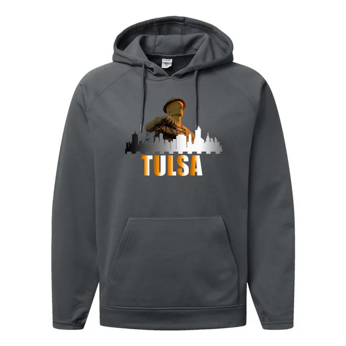 The Golden Driller Of Tulsa Oklahoma And The Tulsa Skyline Performance Fleece Hoodie