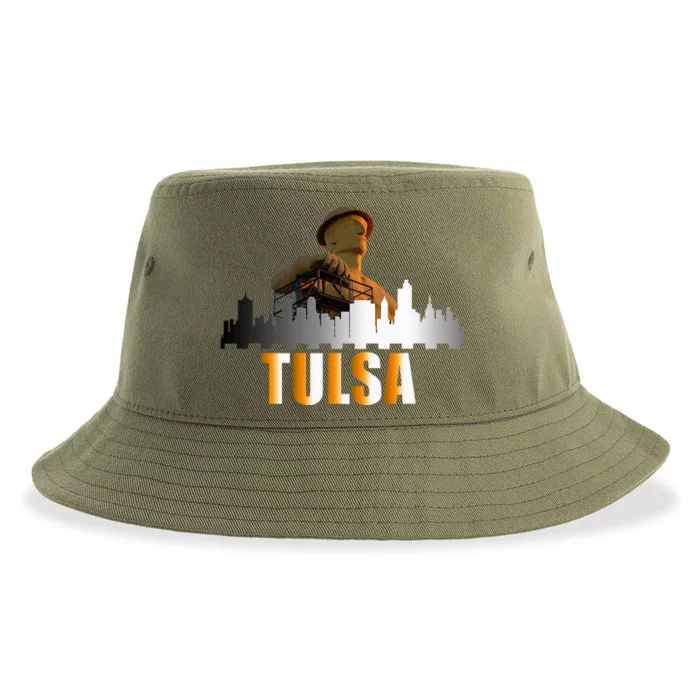 The Golden Driller Of Tulsa Oklahoma And The Tulsa Skyline Sustainable Bucket Hat