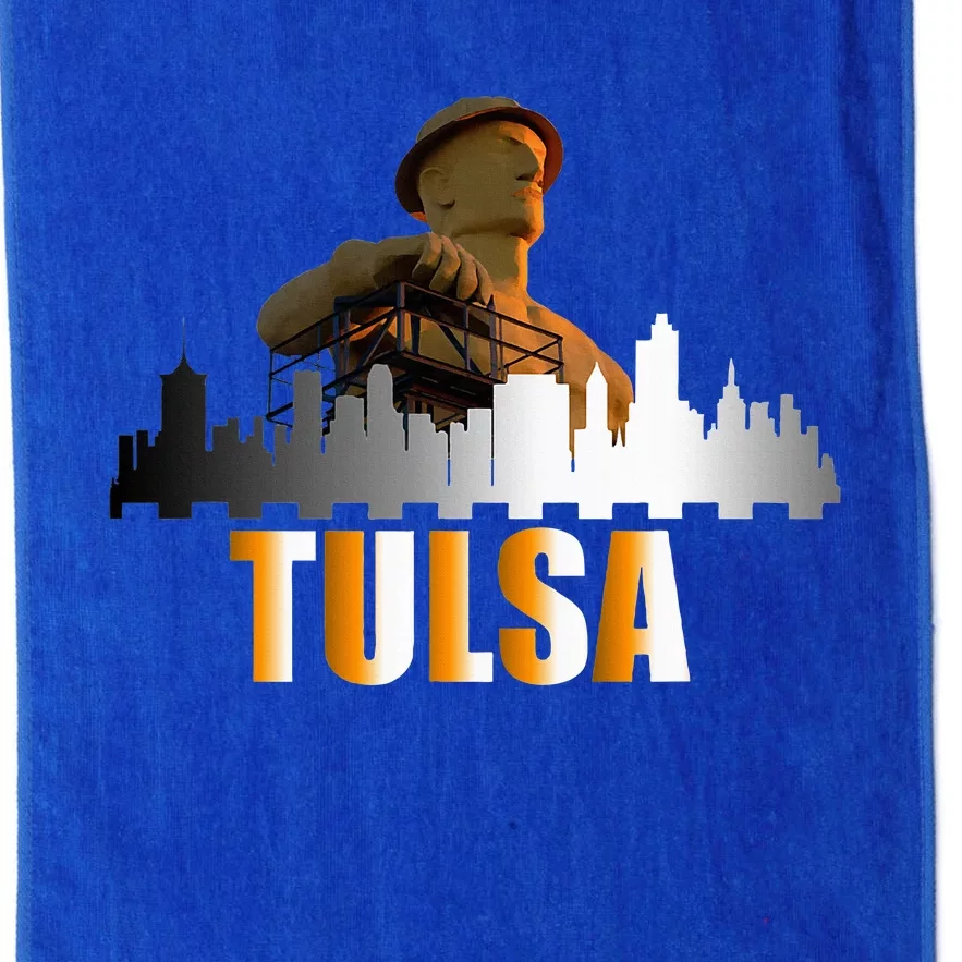 The Golden Driller Of Tulsa Oklahoma And The Tulsa Skyline Platinum Collection Golf Towel