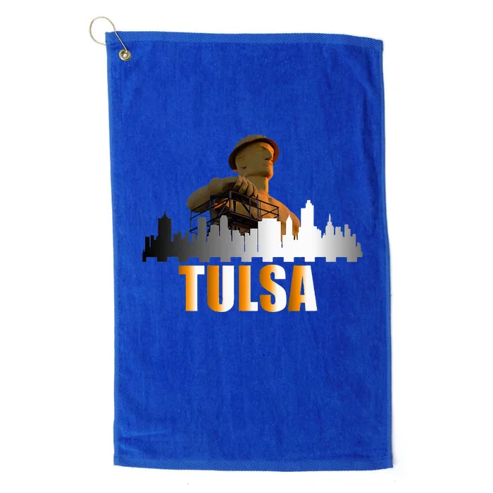 The Golden Driller Of Tulsa Oklahoma And The Tulsa Skyline Platinum Collection Golf Towel