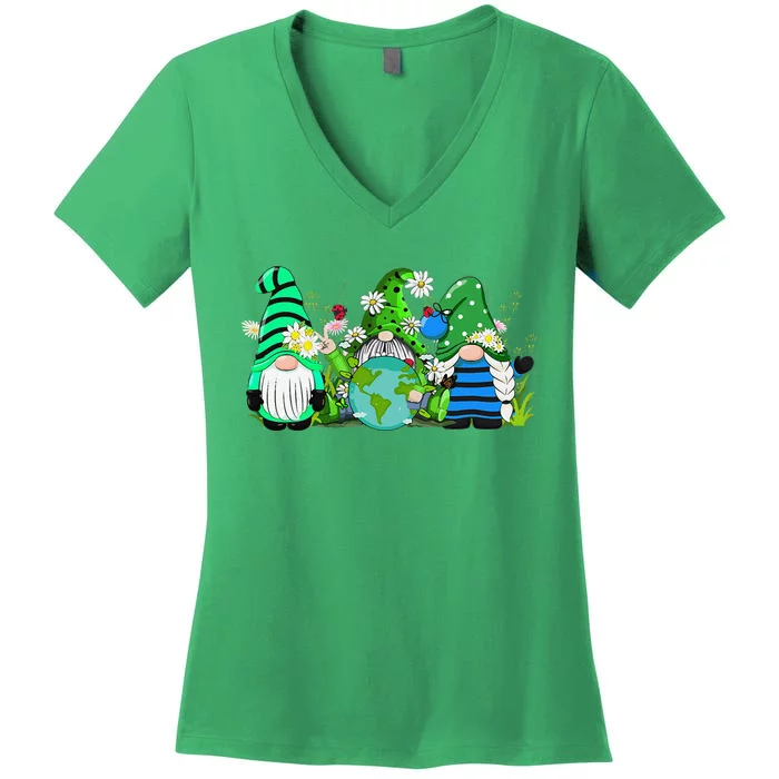 Three Gnomes Daisy Flower Earth Day Funny Gnome Lover Women's V-Neck T-Shirt