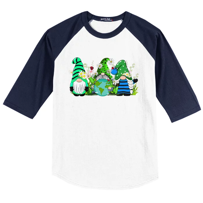 Three Gnomes Daisy Flower Earth Day Funny Gnome Lover Baseball Sleeve Shirt