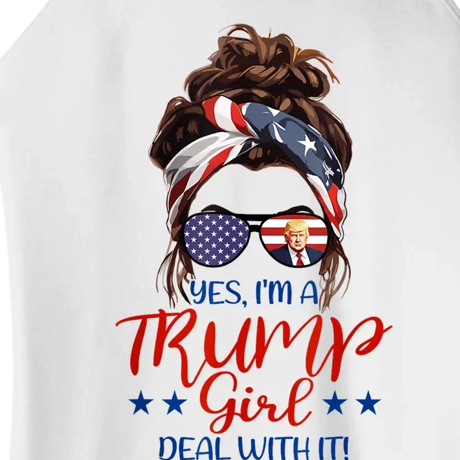 Trump Girl Deal With It Messy Bun Hair Us Flag Glasses Humor Women’s Perfect Tri Rocker Tank