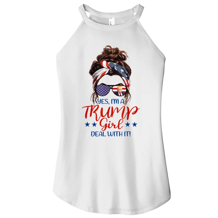 Trump Girl Deal With It Messy Bun Hair Us Flag Glasses Humor Women’s Perfect Tri Rocker Tank