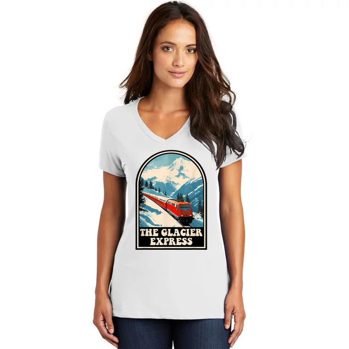 The Glacier Express Switzerland Swiss Train Mountains Winter Women's V-Neck T-Shirt