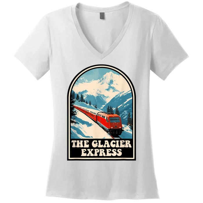 The Glacier Express Switzerland Swiss Train Mountains Winter Women's V-Neck T-Shirt