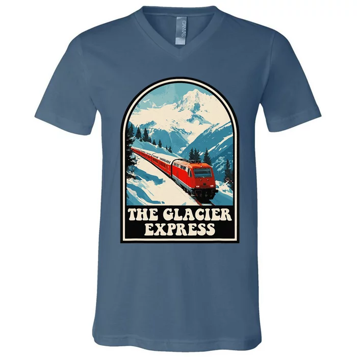 The Glacier Express Switzerland Swiss Train Mountains Winter V-Neck T-Shirt