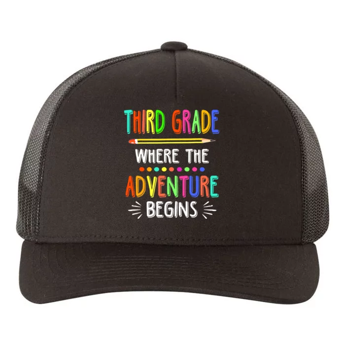 Third Grade Funny Where The Adventure Begins Teacher Yupoong Adult 5-Panel Trucker Hat