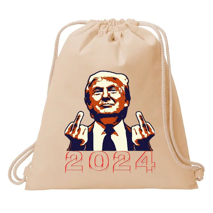 Trump Giving Finger 2024 Flipping Off Design Drawstring Bag