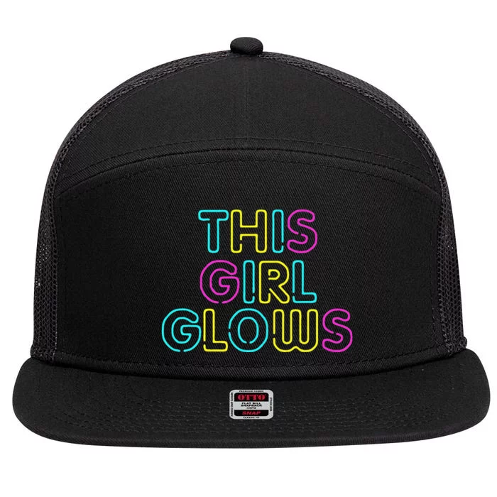 This Girl Glows Rave Party Glow Girl Retro 80s Party 7 Panel Mesh Trucker Snapback Hat