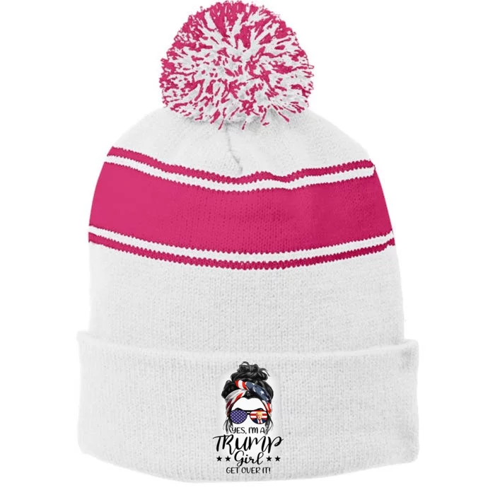 Trump Girl Get Over It Messy Bun Hair Us Flag Glasses Humor Stripe Pom Pom Beanie