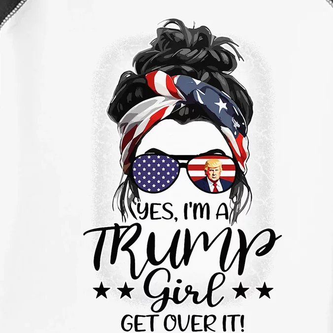 Trump Girl Get Over It Messy Bun Hair Us Flag Glasses Humor Infant Baby Jersey Bodysuit