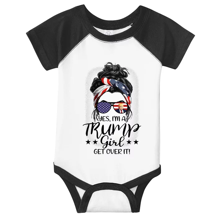 Trump Girl Get Over It Messy Bun Hair Us Flag Glasses Humor Infant Baby Jersey Bodysuit