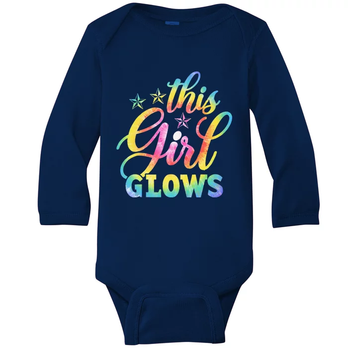 This Girl Glows Tie Dye 80s Themed Disco Baby Long Sleeve Bodysuit