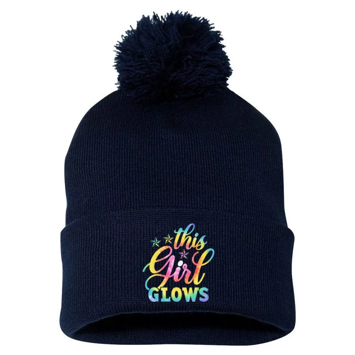 This Girl Glows Tie Dye 80s Themed Disco Pom Pom 12in Knit Beanie