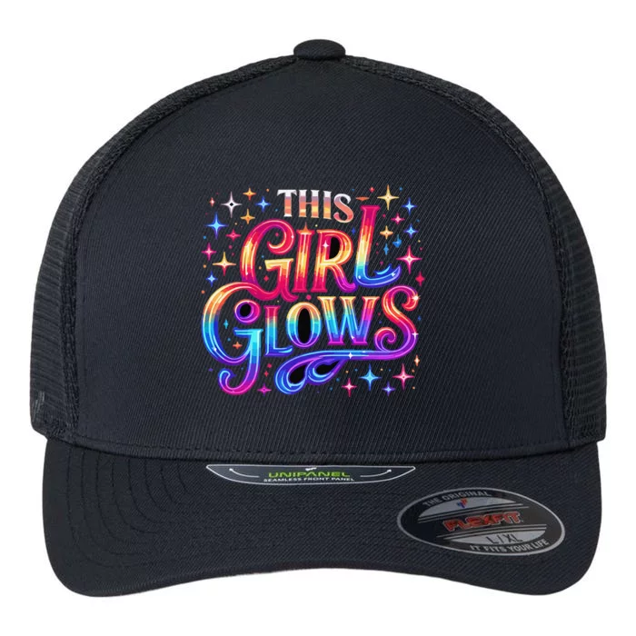 This Girl Glows 80s 90s Party Flexfit Unipanel Trucker Cap