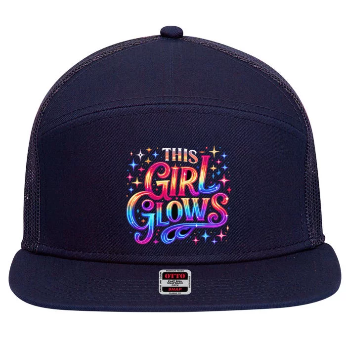 This Girl Glows 80s 90s Party 7 Panel Mesh Trucker Snapback Hat