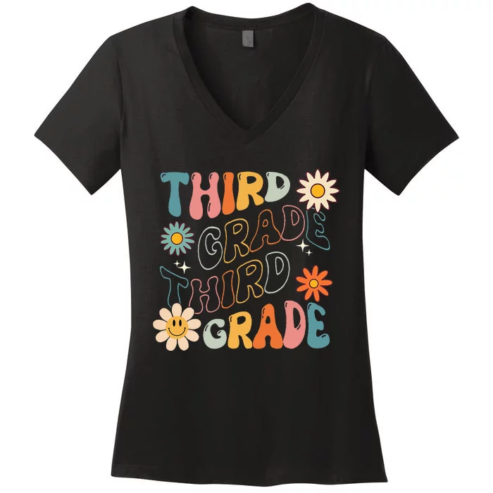 Third Grade Groovy Back To School Team Teacher Student Women's V-Neck T-Shirt