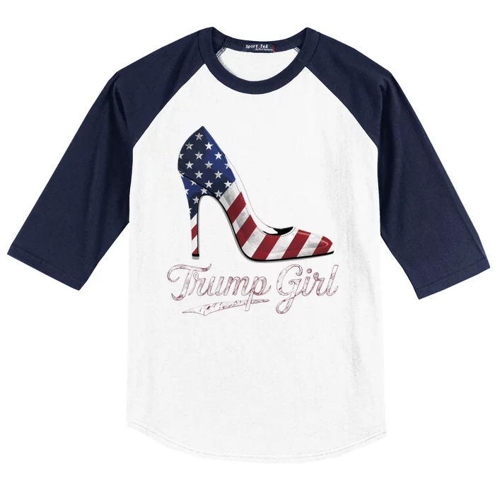 Trump Girl High Heels Stilettos American Flag Trump 2024 Baseball Sleeve Shirt