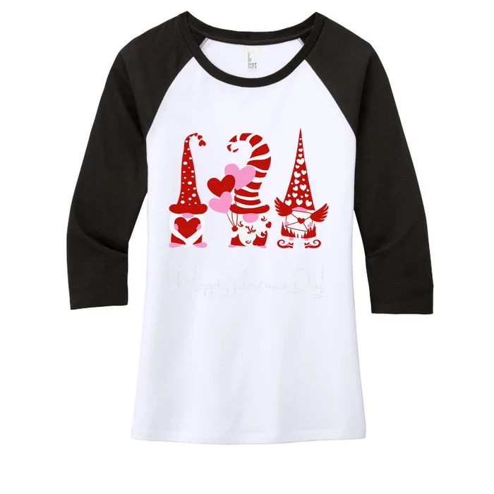 Three Gnomes Holding Hearts Valentiness Love Women's Tri-Blend 3/4-Sleeve Raglan Shirt