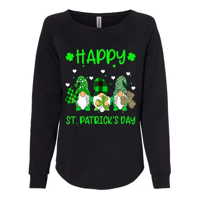 Three Gnomes Holding Shamrock Leopard Plaid St Patrick's Day Womens California Wash Sweatshirt