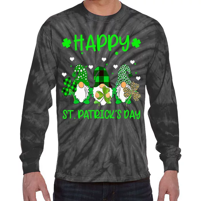 Three Gnomes Holding Shamrock Leopard Plaid St Patrick's Day Tie-Dye Long Sleeve Shirt