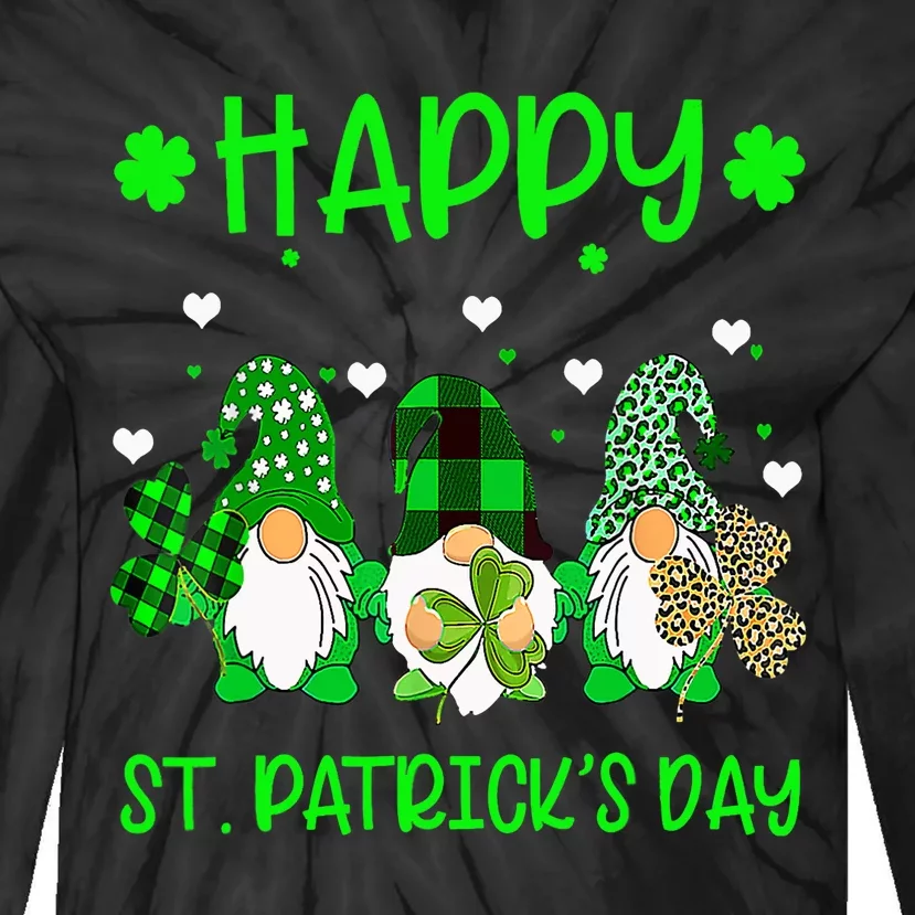 Three Gnomes Holding Shamrock Leopard Plaid St Patrick's Day Tie-Dye Long Sleeve Shirt