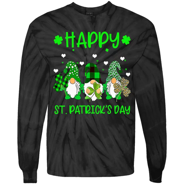 Three Gnomes Holding Shamrock Leopard Plaid St Patrick's Day Tie-Dye Long Sleeve Shirt