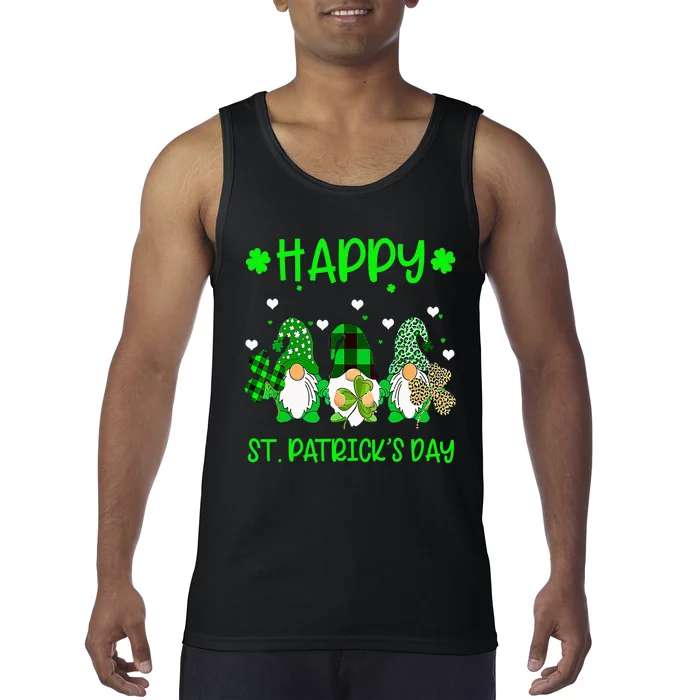 Three Gnomes Holding Shamrock Leopard Plaid St Patrick's Day Tank Top