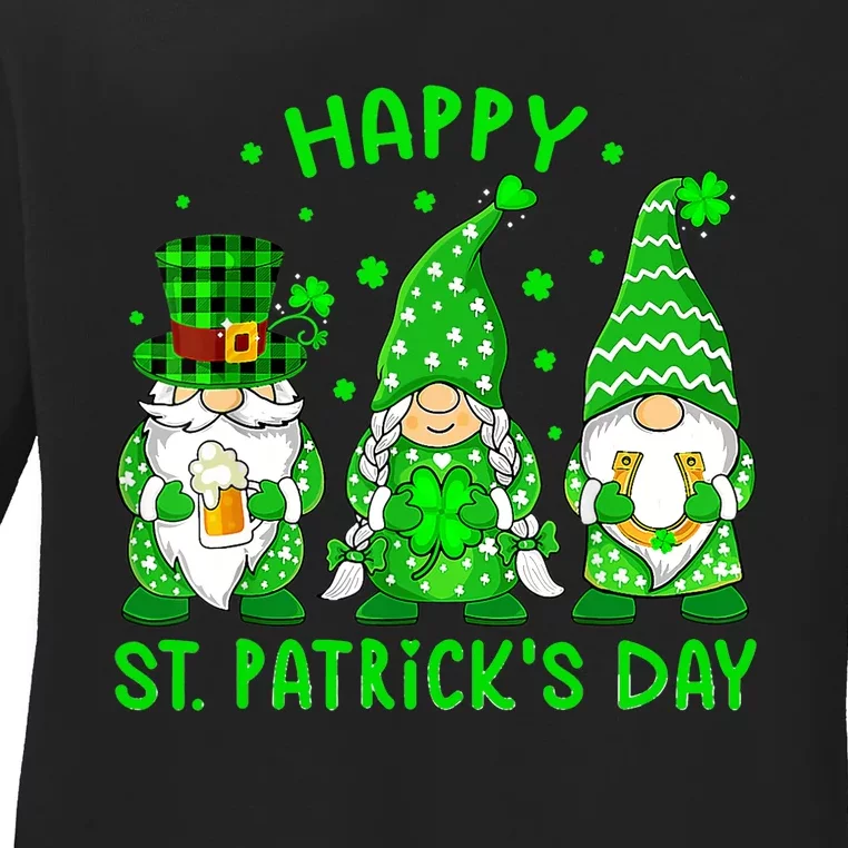 Three Gnomes Holding Shamrock Leopard Plaid St Patrick's Day Ladies Long Sleeve Shirt