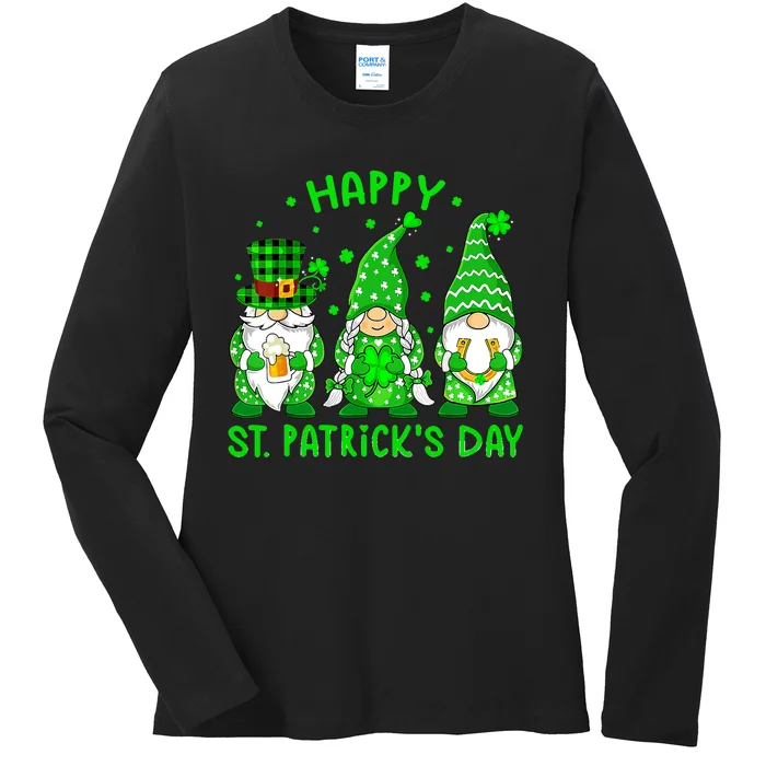 Three Gnomes Holding Shamrock Leopard Plaid St Patrick's Day Ladies Long Sleeve Shirt