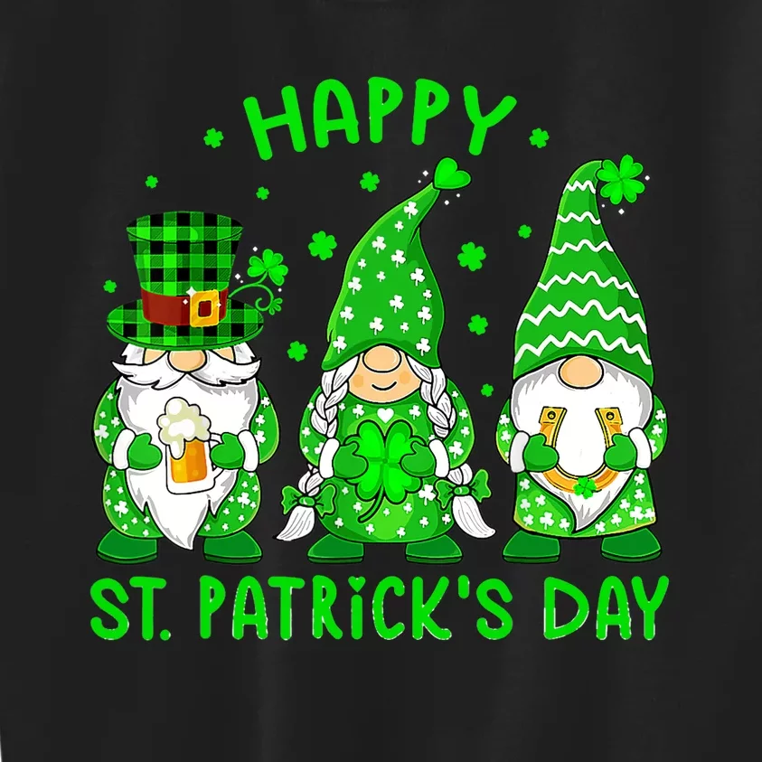 Three Gnomes Holding Shamrock Leopard Plaid St Patrick's Day Kids Sweatshirt