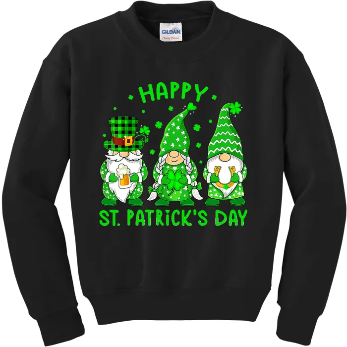 Three Gnomes Holding Shamrock Leopard Plaid St Patrick's Day Kids Sweatshirt