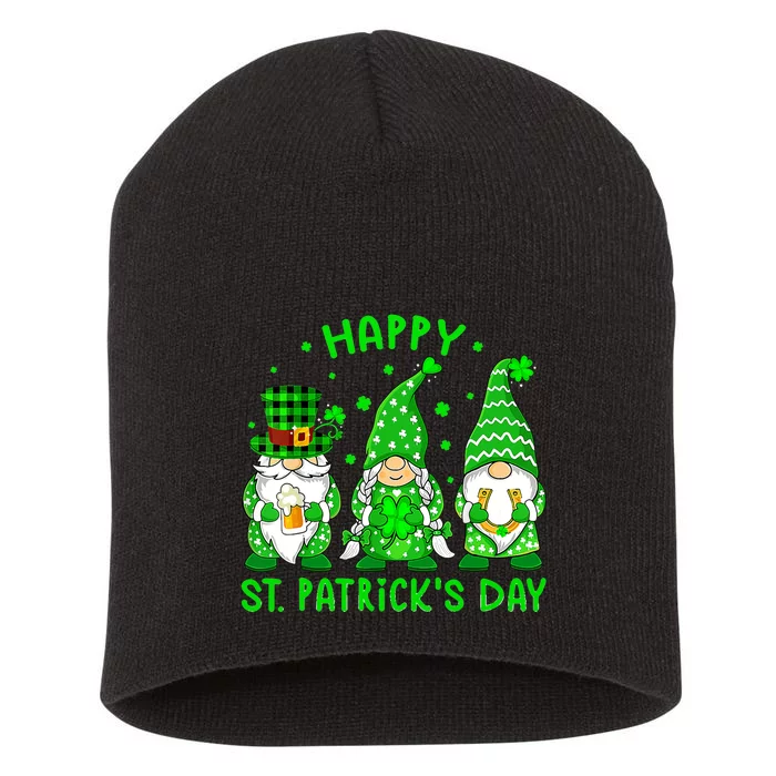 Three Gnomes Holding Shamrock Leopard Plaid St Patrick's Day Short Acrylic Beanie