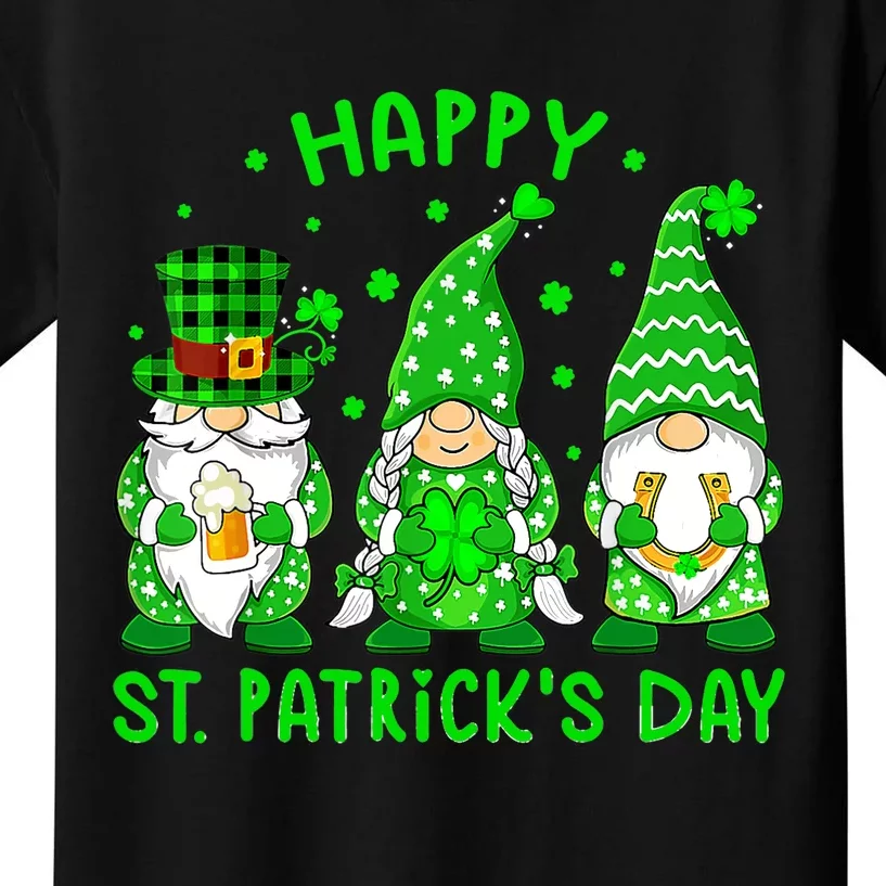 Three Gnomes Holding Shamrock Leopard Plaid St Patrick's Day Kids T-Shirt