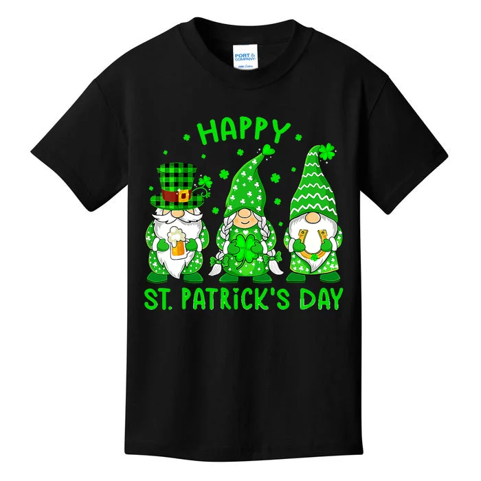 Three Gnomes Holding Shamrock Leopard Plaid St Patrick's Day Kids T-Shirt