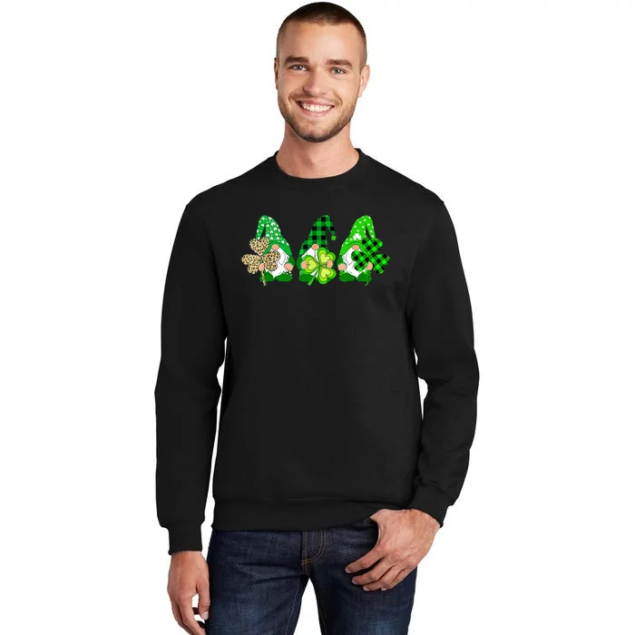 Three Gnomes Holding Shamrock Plaid Leopard St Patrick's Day Sweatshirt