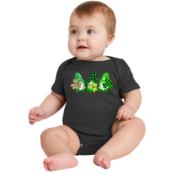 Three Gnomes Holding Shamrock Plaid Leopard St Patrick's Day Baby Bodysuit