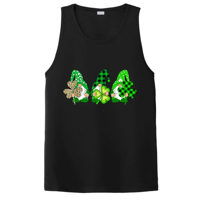 Three Gnomes Holding Shamrock Plaid Leopard St Patrick's Day Performance Tank