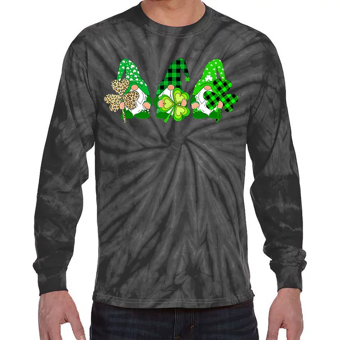 Three Gnomes Holding Shamrock Plaid Leopard St Patrick's Day Tie-Dye Long Sleeve Shirt