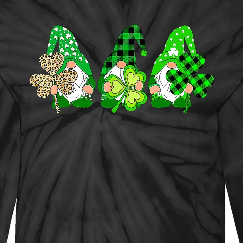 Three Gnomes Holding Shamrock Plaid Leopard St Patrick's Day Tie-Dye Long Sleeve Shirt