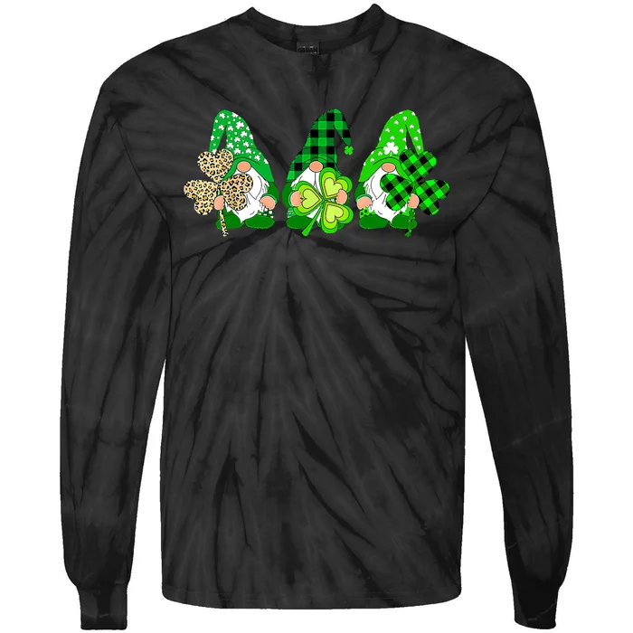 Three Gnomes Holding Shamrock Plaid Leopard St Patrick's Day Tie-Dye Long Sleeve Shirt