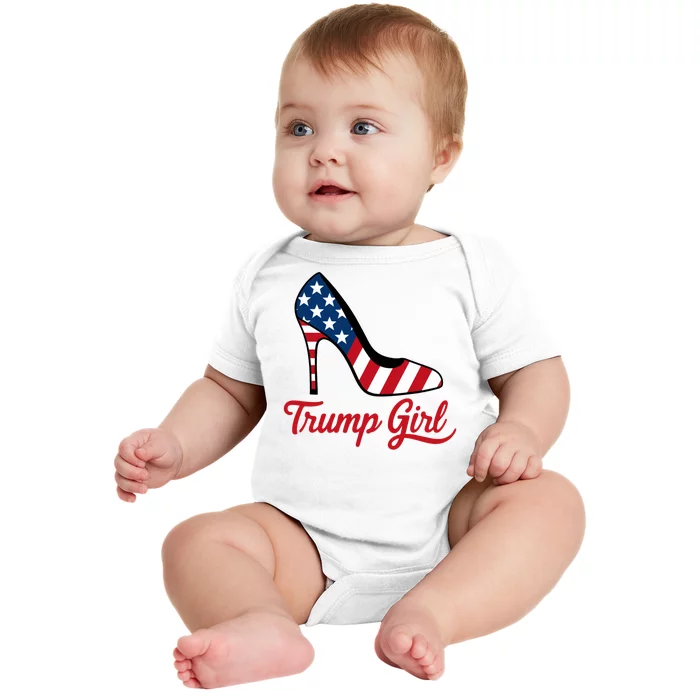 Trump Girl High Heels Stilettos American Flag Trump 2024 Patriotic Fashion Baby Bodysuit