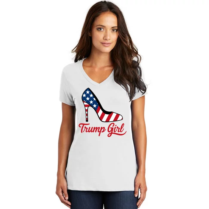 Trump Girl High Heels Stilettos American Flag Trump 2024 Patriotic Fashion Women's V-Neck T-Shirt