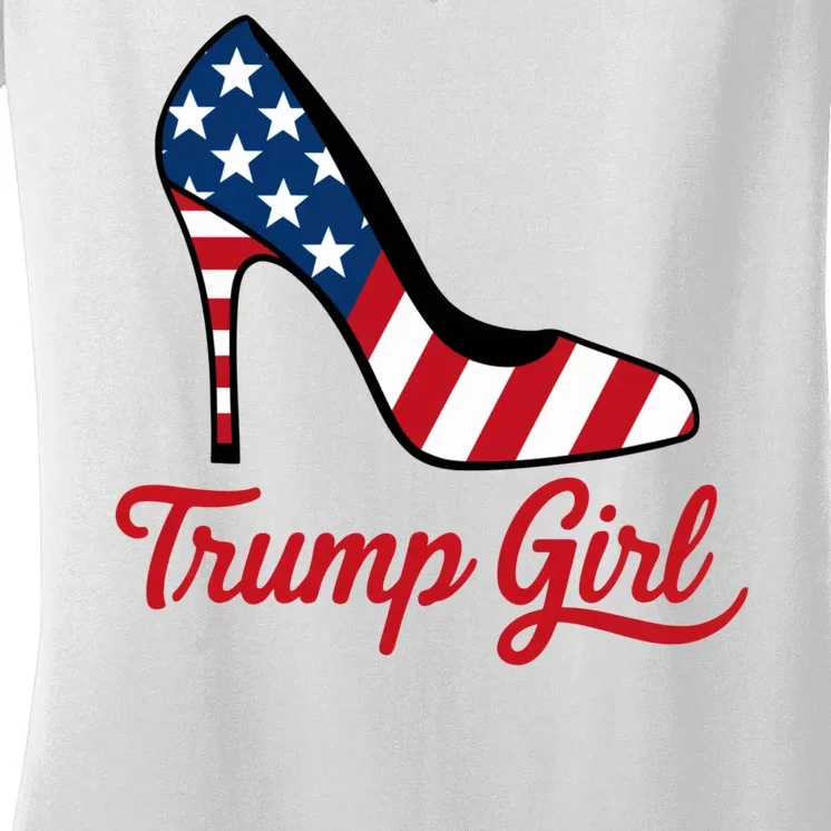 Trump Girl High Heels Stilettos American Flag Trump 2024 Patriotic Fashion Women's V-Neck T-Shirt